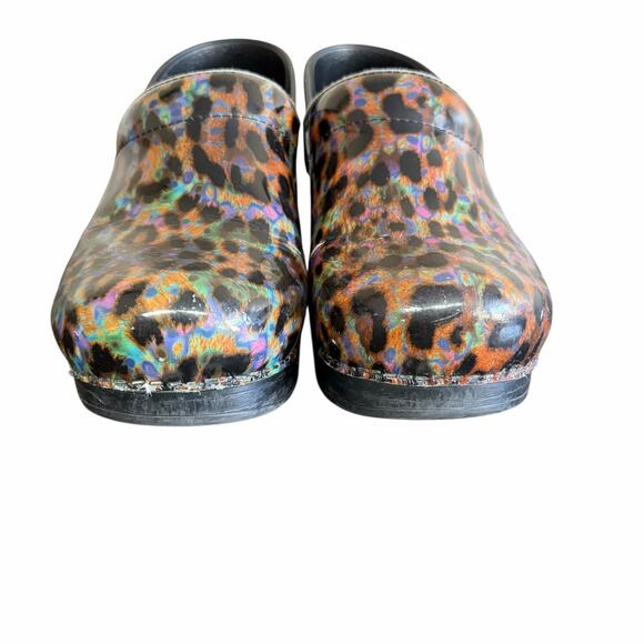 Dansko Slip On Clogs Sz 38 Petrol Patent Leopard Print Nurse Shoes Colorful Fun - Picture 4 of 10
